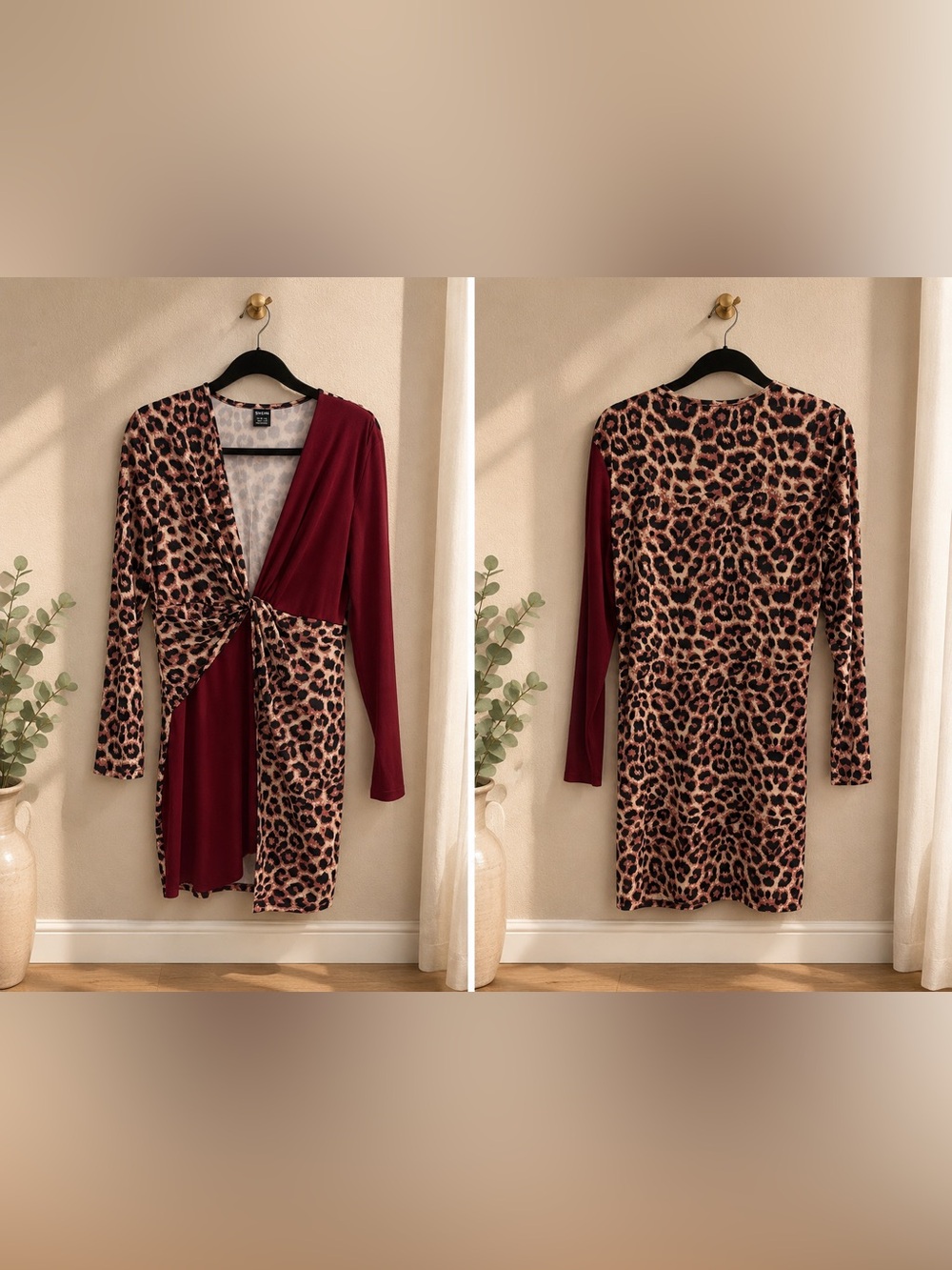 Leopard Print & Burgundy Twist Front Dress